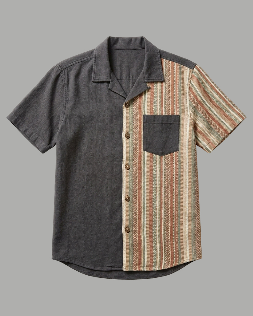 Men's Charcoal and Earth Tone Regular Fit Retro Workwear Style Herringbone Stripe Patchwork Short Sleeve Camp Collar Shirt