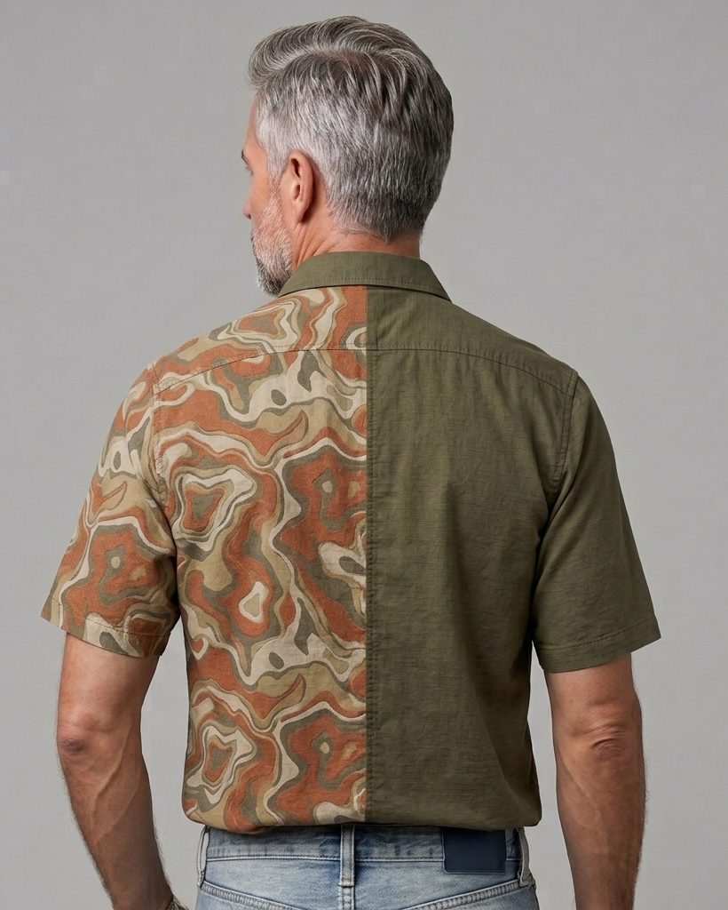Men's Olive and Earth Tone Regular Fit Retro Casual Style Abstract Marbling Print Patchwork Short Sleeve Camp Collar Shirt
