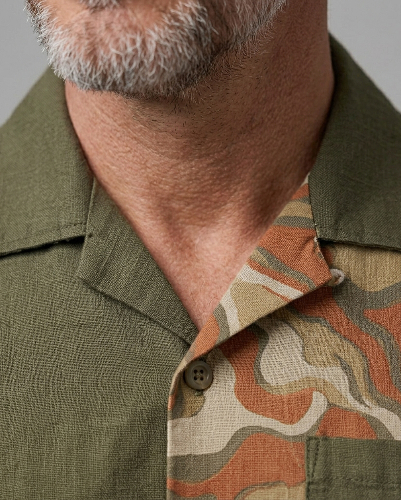 Men's Olive and Earth Tone Regular Fit Retro Casual Style Abstract Marbling Print Patchwork Short Sleeve Camp Collar Shirt