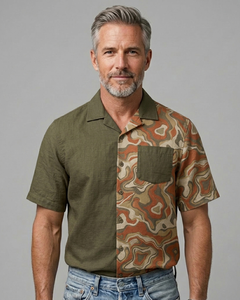 Men's Olive and Earth Tone Regular Fit Retro Casual Style Abstract Marbling Print Patchwork Short Sleeve Camp Collar Shirt