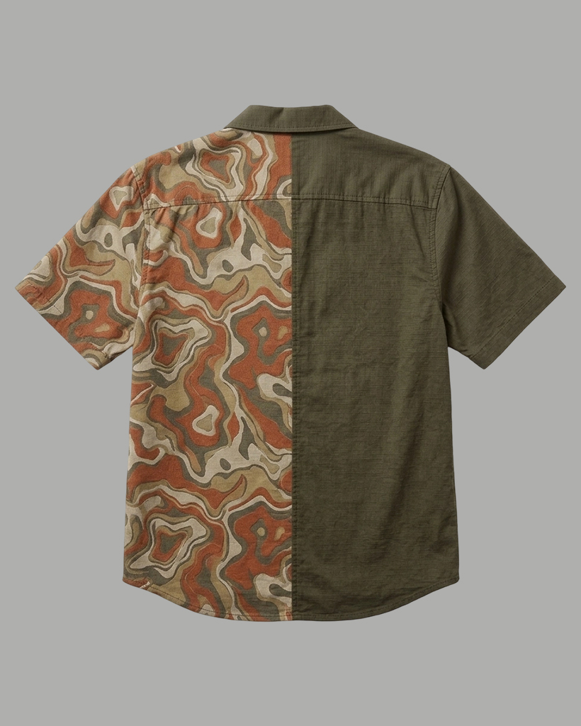 Men's Olive and Earth Tone Regular Fit Retro Casual Style Abstract Marbling Print Patchwork Short Sleeve Camp Collar Shirt