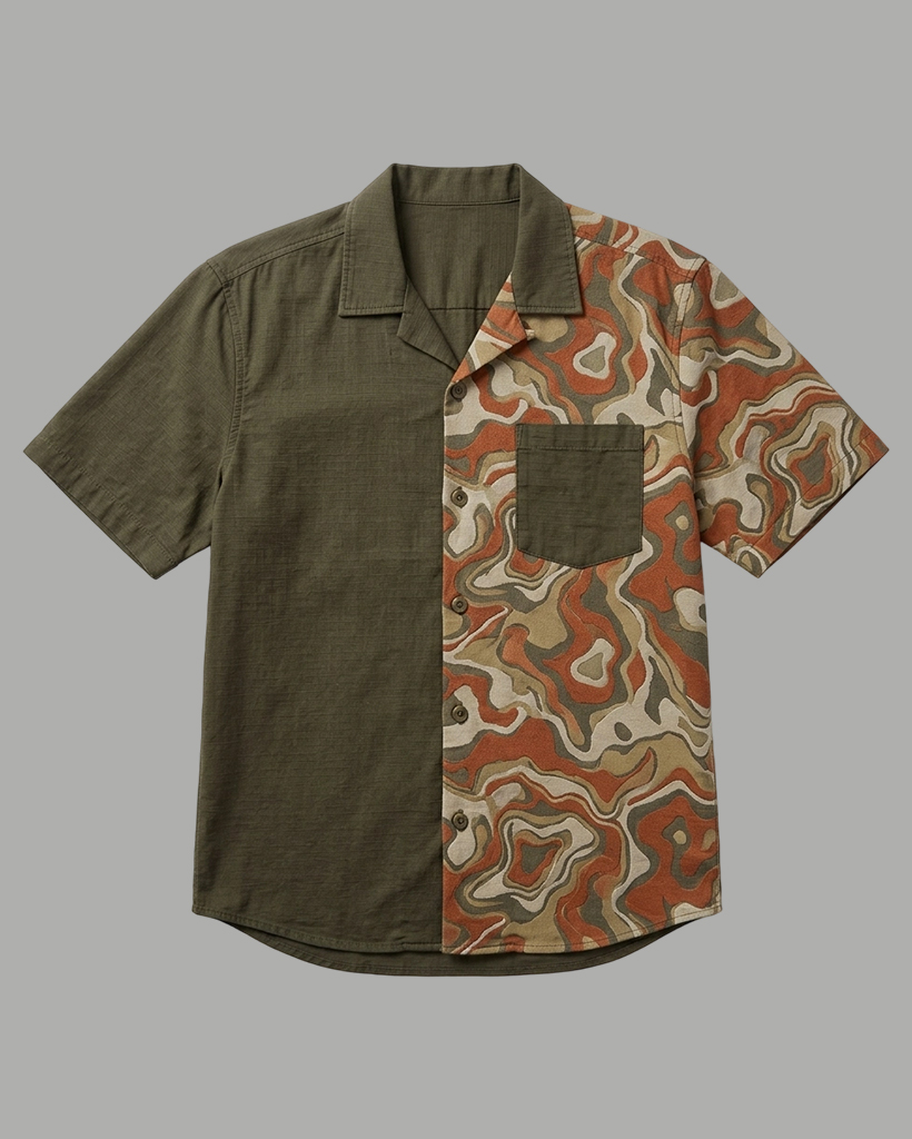 Men's Olive and Earth Tone Regular Fit Retro Casual Style Abstract Marbling Print Patchwork Short Sleeve Camp Collar Shirt