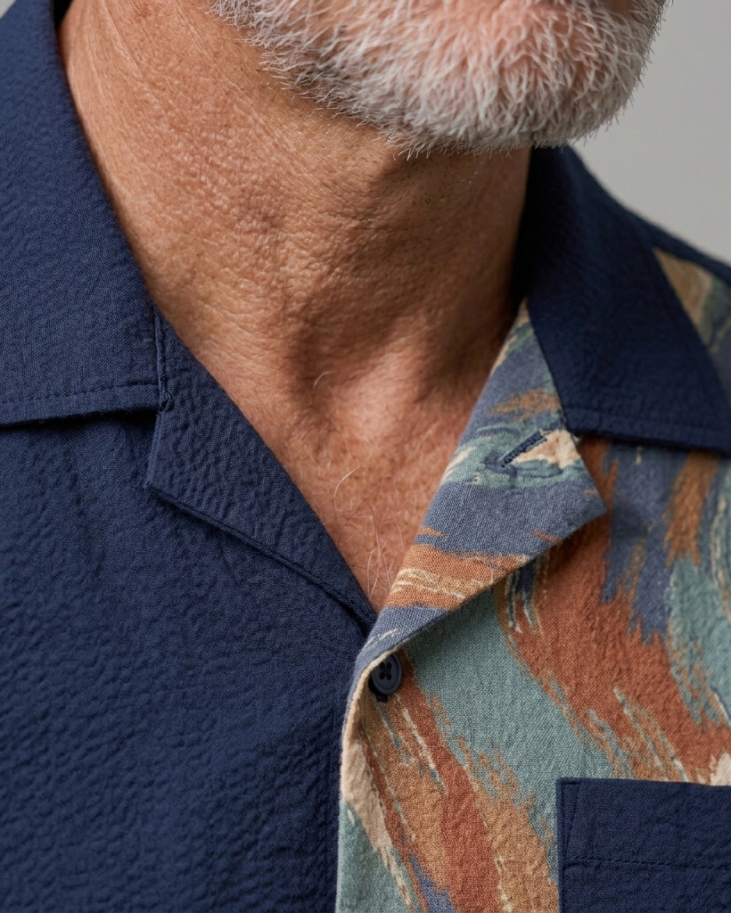 Men's Navy and Earth Tone Regular Fit Art Casual Style Abstract Brush Stroke Print Patchwork Short Sleeve Camp Collar Shirt