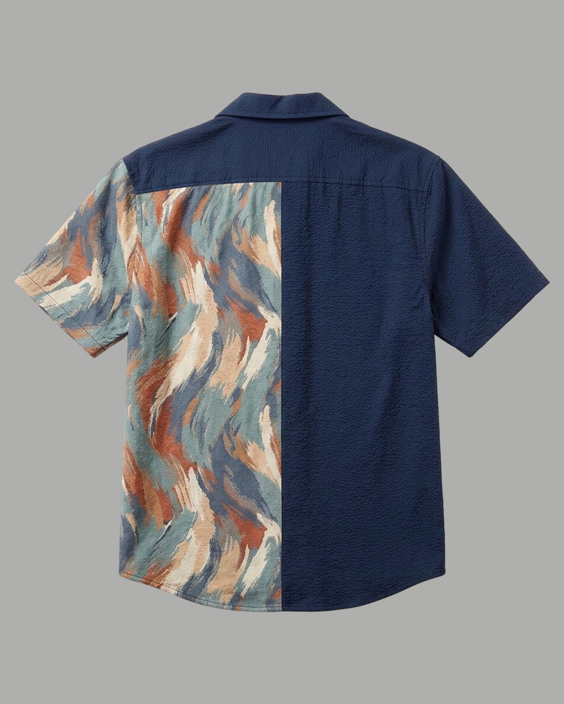 Men's Navy and Earth Tone Regular Fit Art Casual Style Abstract Brush Stroke Print Patchwork Short Sleeve Camp Collar Shirt