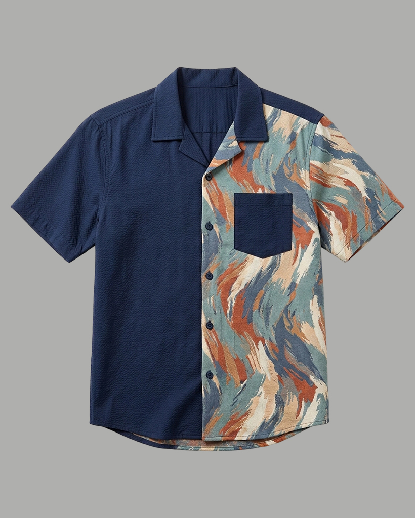 Men's Navy and Earth Tone Regular Fit Art Casual Style Abstract Brush Stroke Print Patchwork Short Sleeve Camp Collar Shirt