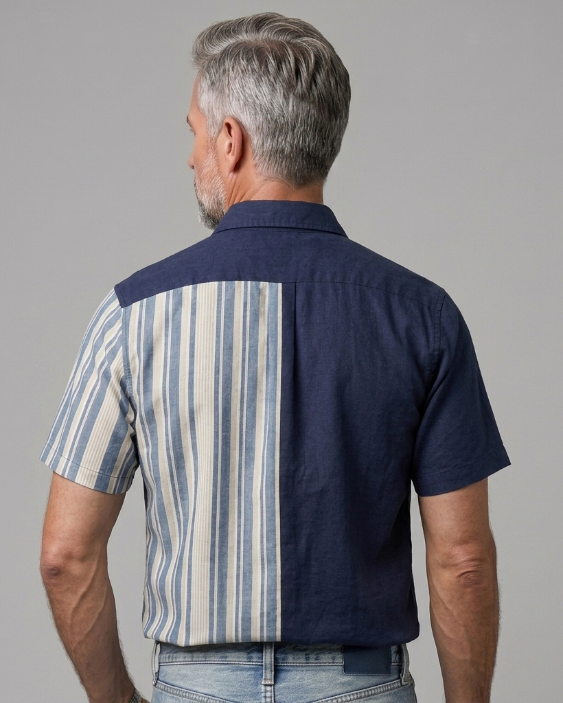 Men's Navy and Cream Regular Fit Smart Casual Style Two-tone Vertical Stripe Patchwork Short Sleeve Button-down Shirt