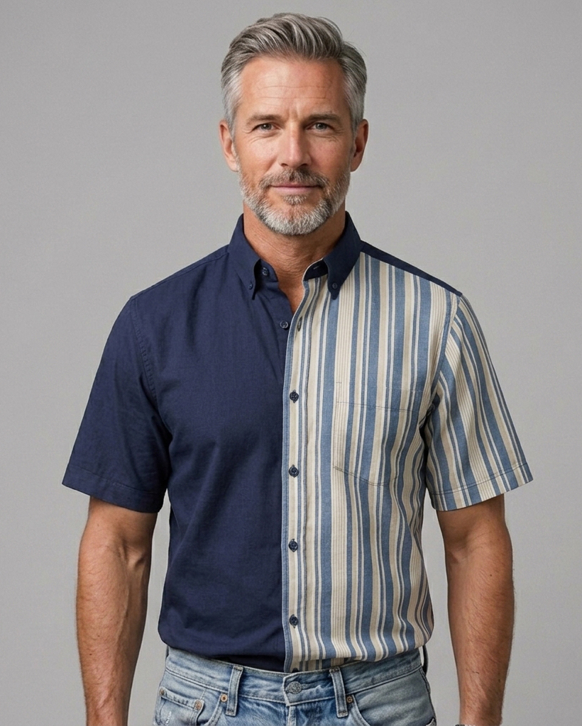 Men's Navy and Cream Regular Fit Smart Casual Style Two-tone Vertical Stripe Patchwork Short Sleeve Button-down Shirt