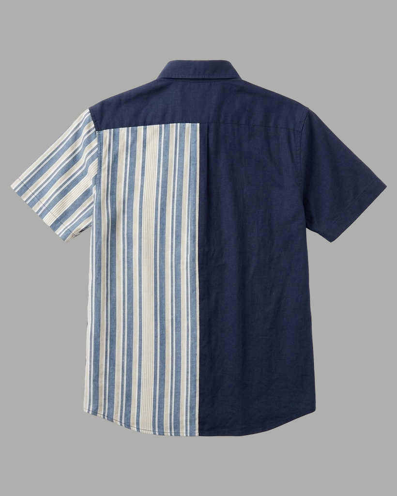 Men's Navy and Cream Regular Fit Smart Casual Style Two-tone Vertical Stripe Patchwork Short Sleeve Button-down Shirt