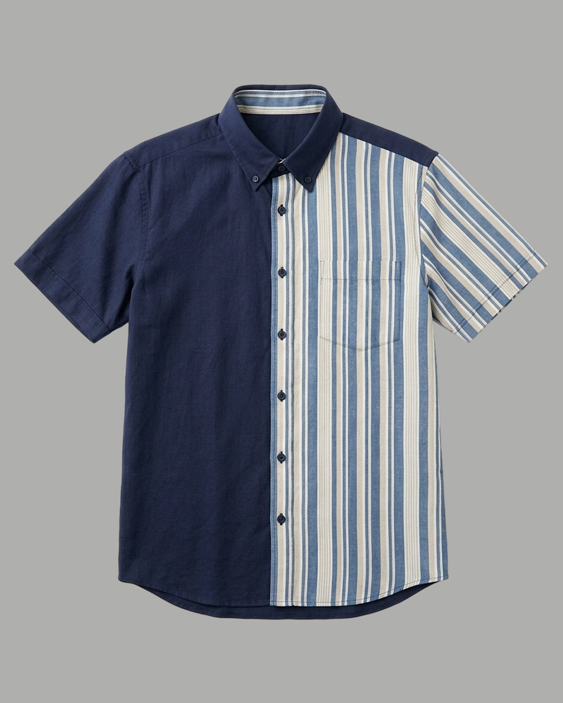 Men's Navy and Cream Regular Fit Smart Casual Style Two-tone Vertical Stripe Patchwork Short Sleeve Button-down Shirt