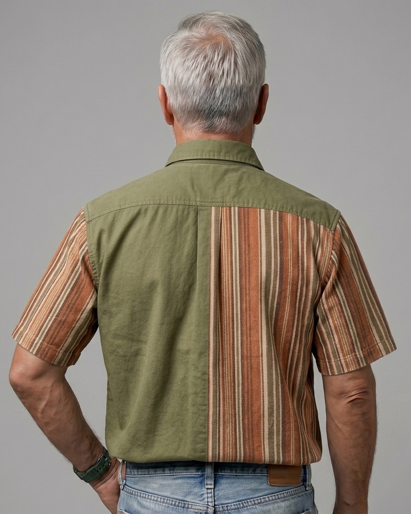Men's Olive and Rust Orange Regular Fit Retro Workwear Style Earth Tone Vertical Stripe Patchwork Short Sleeve Button-down Shirt