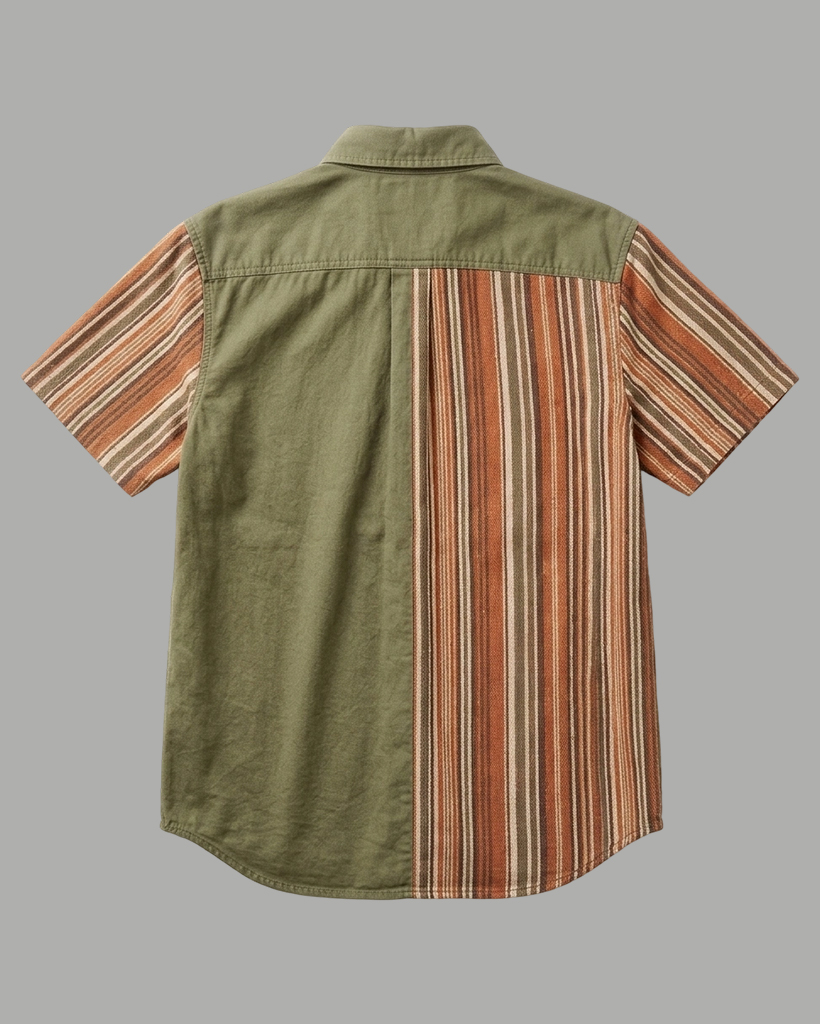Men's Olive and Rust Orange Regular Fit Retro Workwear Style Earth Tone Vertical Stripe Patchwork Short Sleeve Button-down Shirt