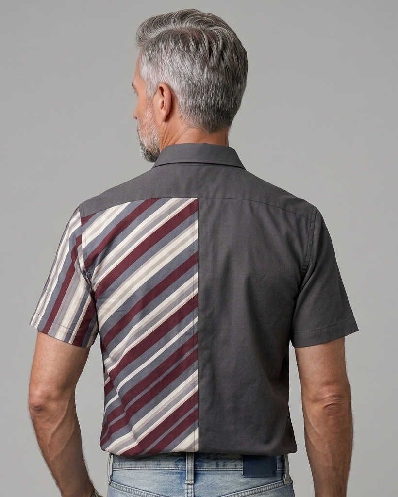 Men's Charcoal Gray and Wine Red Regular Fit Smart Casual Style Diagonal Stripe Patchwork Short Sleeve Button-down Shirt