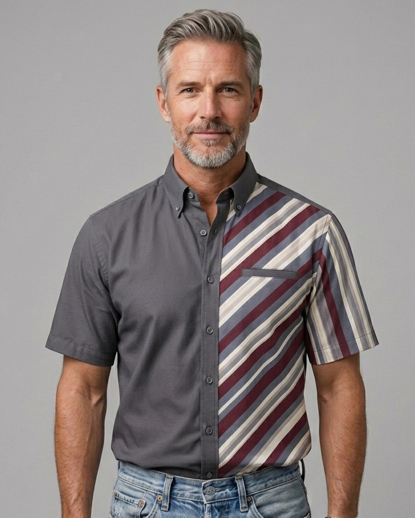 Men's Charcoal Gray and Wine Red Regular Fit Smart Casual Style Diagonal Stripe Patchwork Short Sleeve Button-down Shirt
