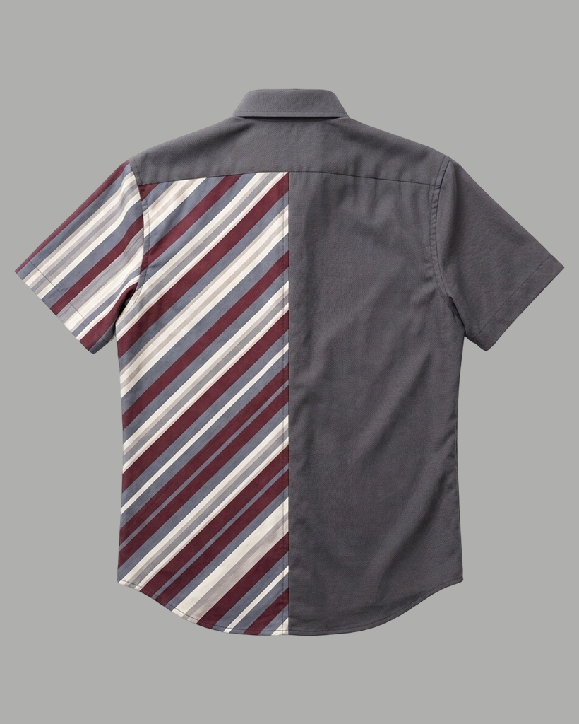 Men's Charcoal Gray and Wine Red Regular Fit Smart Casual Style Diagonal Stripe Patchwork Short Sleeve Button-down Shirt