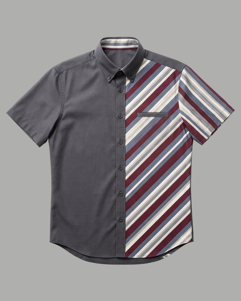 Men's Charcoal Gray and Wine Red Regular Fit Smart Casual Style Diagonal Stripe Patchwork Short Sleeve Button-down Shirt