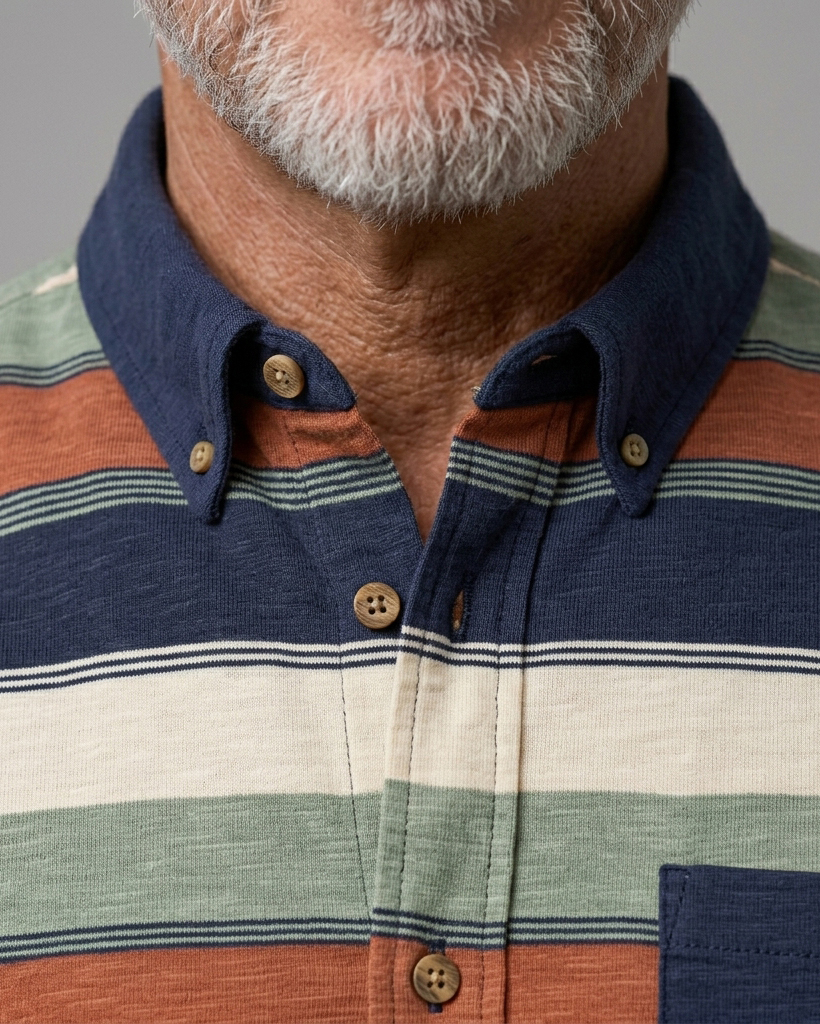 Men's Navy & Rust Orange Regular Fit Retro Casual Style Earth Tone Horizontal Stripe Short Sleeve Button-down Shirt