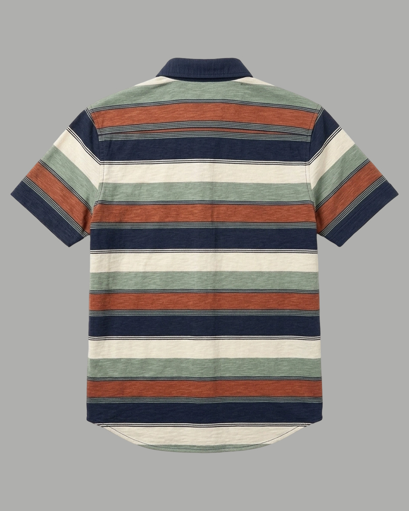 Men's Navy & Rust Orange Regular Fit Retro Casual Style Earth Tone Horizontal Stripe Short Sleeve Button-down Shirt