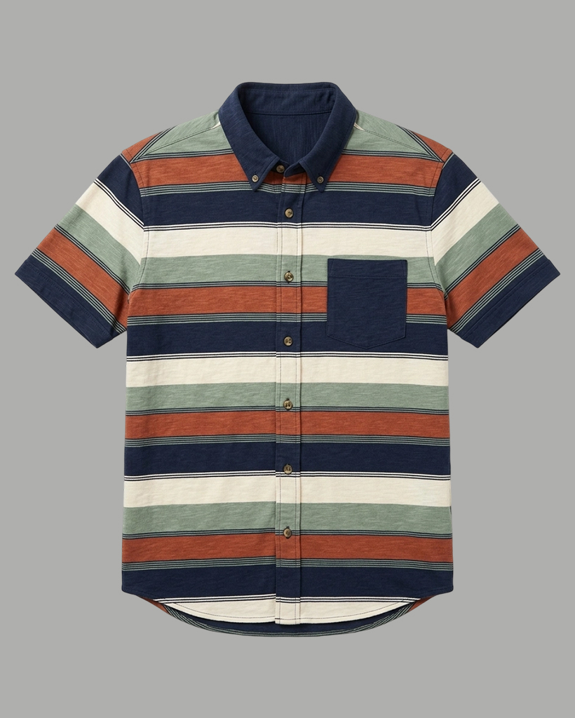 Men's Navy & Rust Orange Regular Fit Retro Casual Style Earth Tone Horizontal Stripe Short Sleeve Button-down Shirt