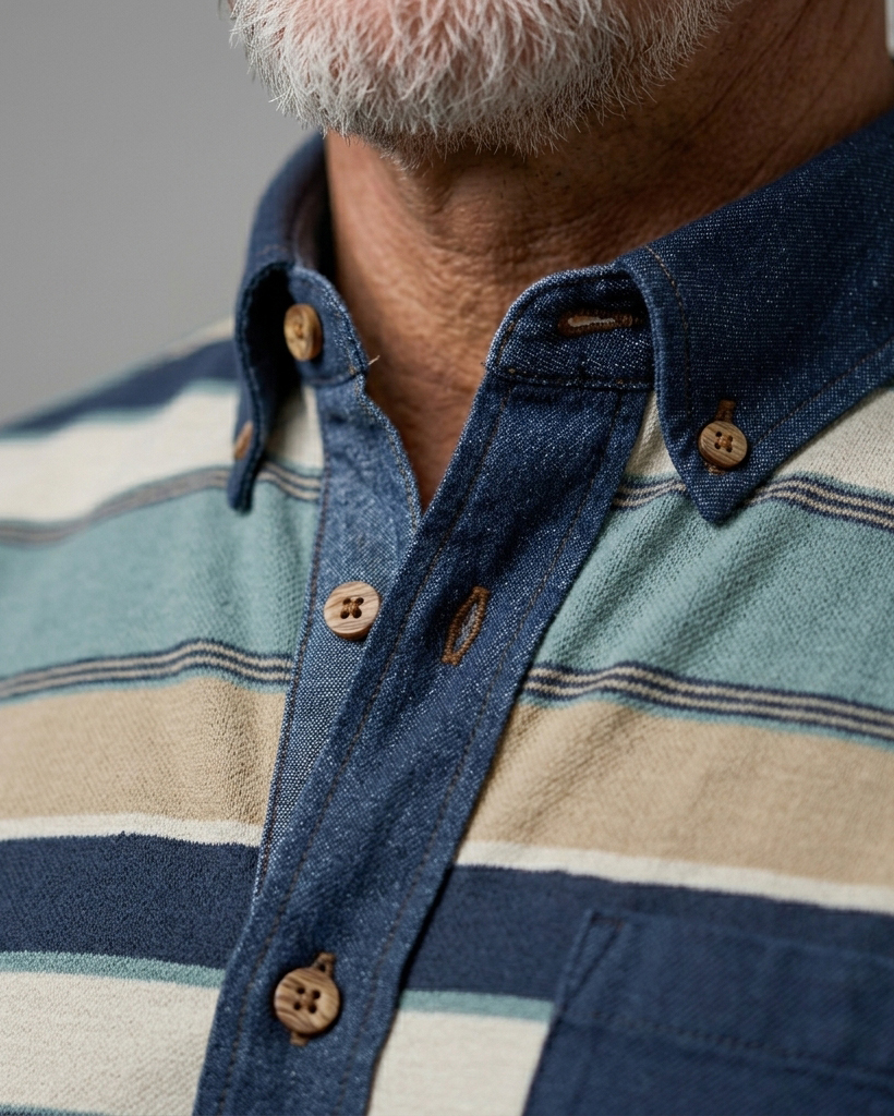 Men's Navy & Teal Regular Fit Vintage Casual Style Earth Tone Horizontal Stripe Short Sleeve Button-down Shirt