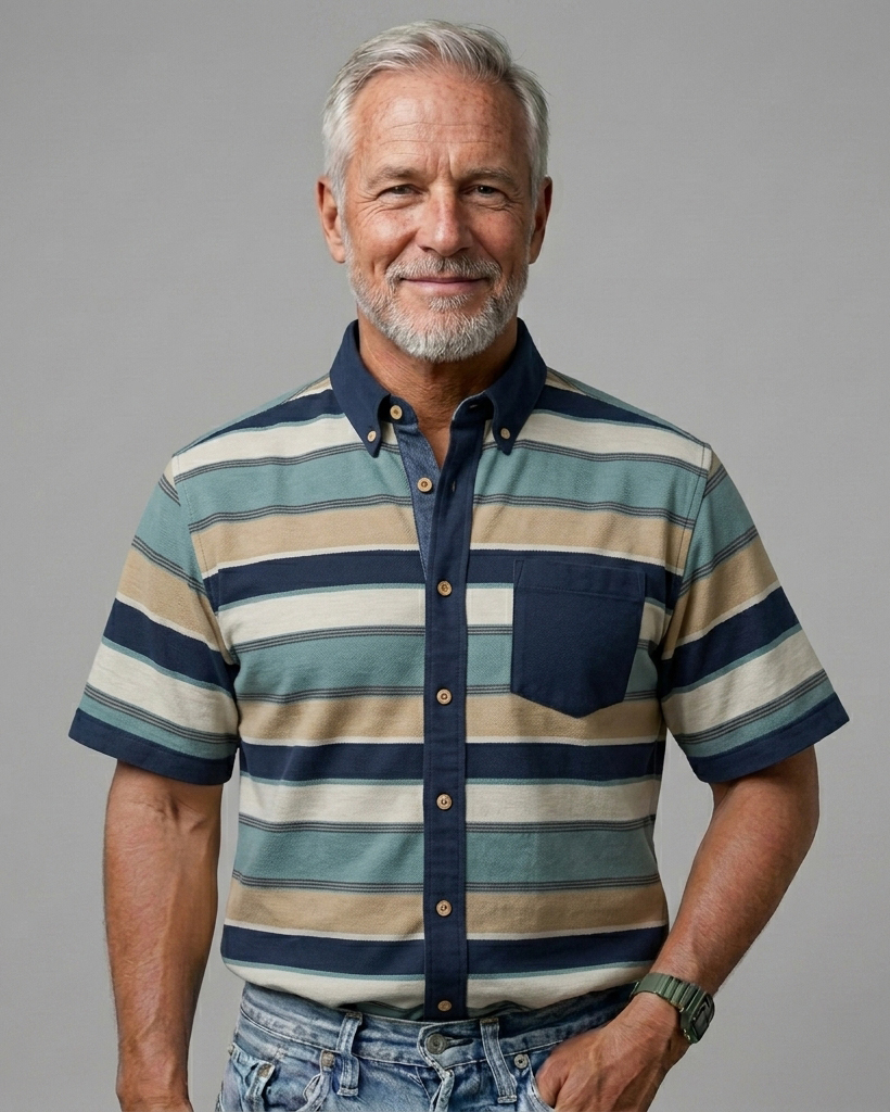 Men's Navy & Teal Regular Fit Vintage Casual Style Earth Tone Horizontal Stripe Short Sleeve Button-down Shirt
