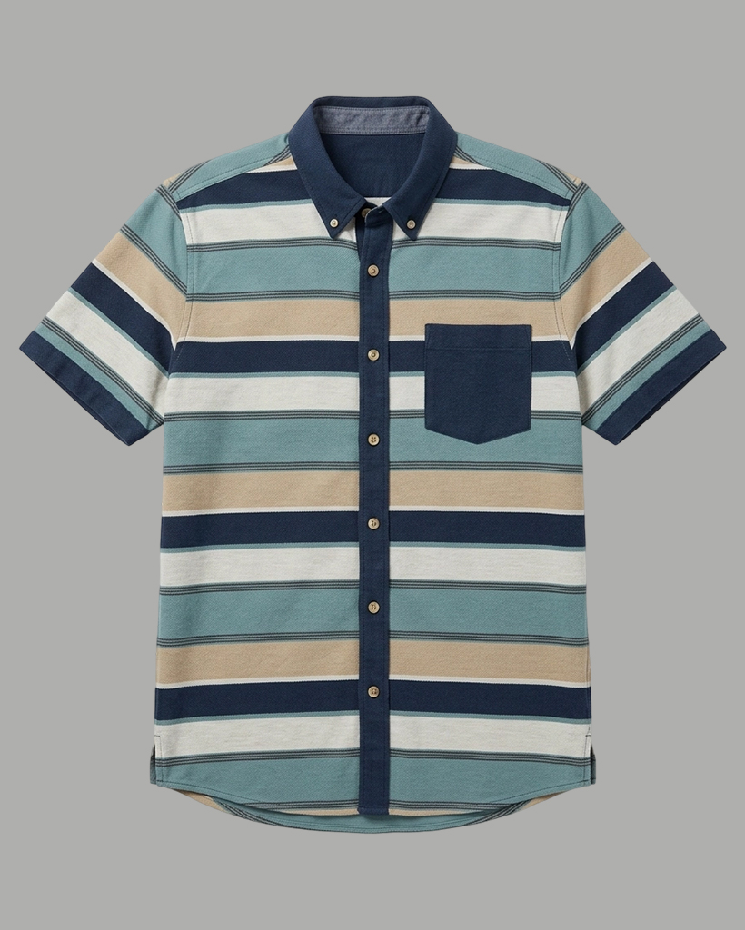 Men's Navy & Teal Regular Fit Vintage Casual Style Earth Tone Horizontal Stripe Short Sleeve Button-down Shirt