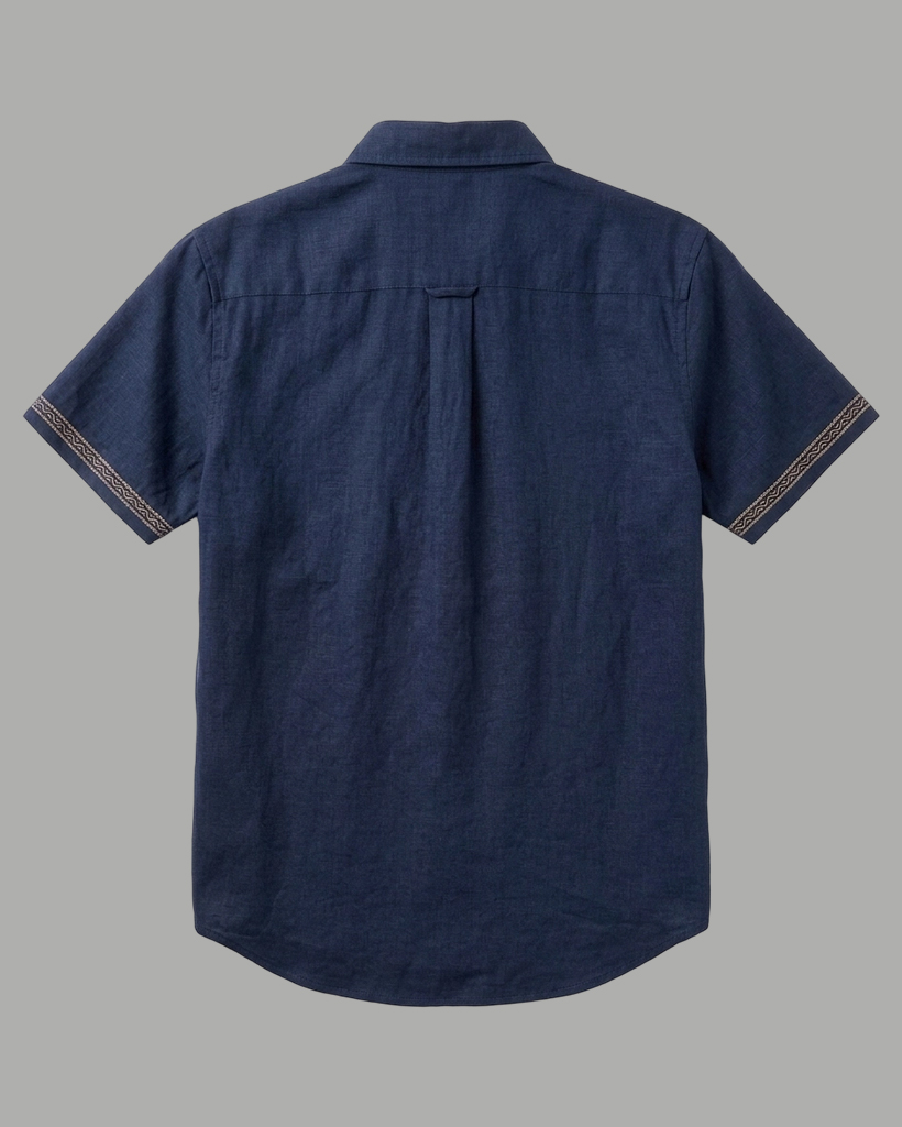 Men's Navy Blue Regular Fit Old Money Casual Style Geometric Embroidered Linen Blend Short Sleeve Button-down Shirt
