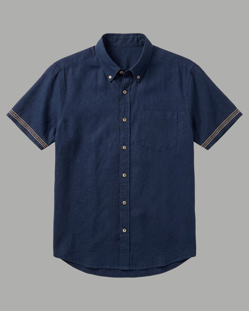Men's Navy Blue Regular Fit Old Money Casual Style Geometric Embroidered Linen Blend Short Sleeve Button-down Shirt