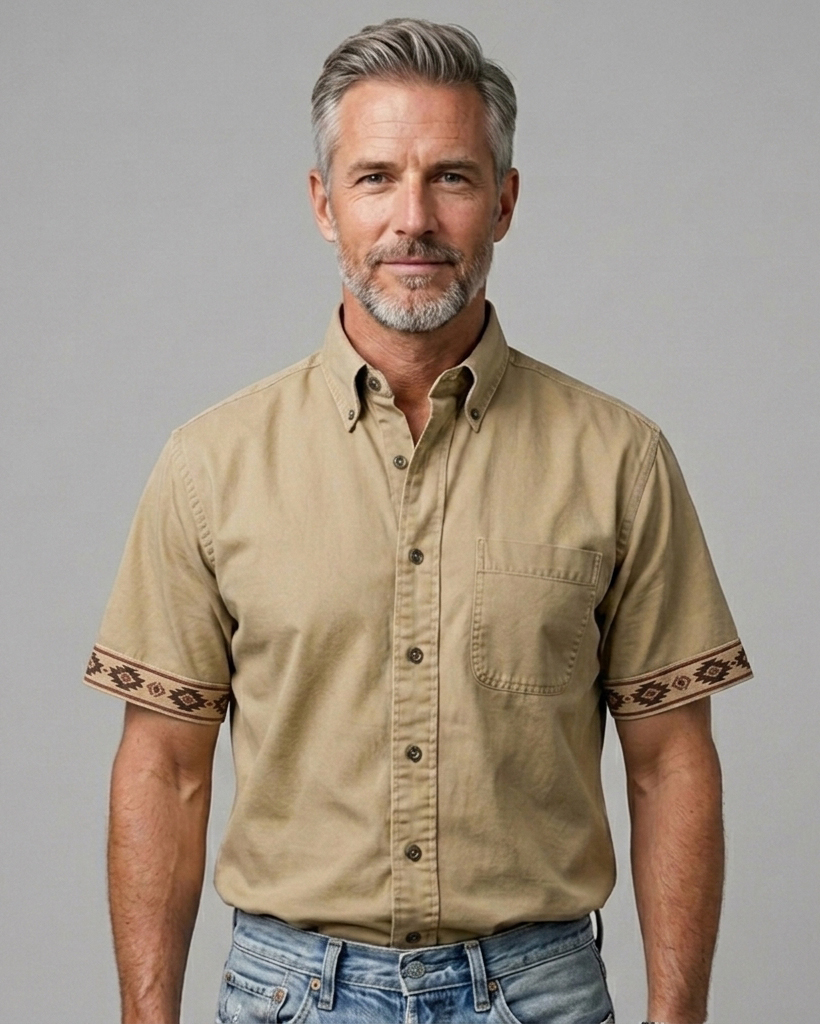 Men's Khaki Regular Fit American Casual Style Ethnic Geometric Embroidered Short Sleeve Button-down Shirt