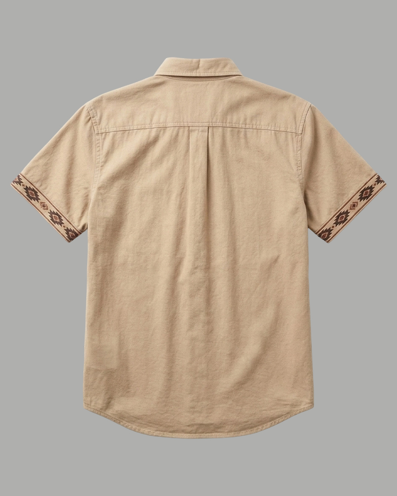 Men's Khaki Regular Fit American Casual Style Ethnic Geometric Embroidered Short Sleeve Button-down Shirt