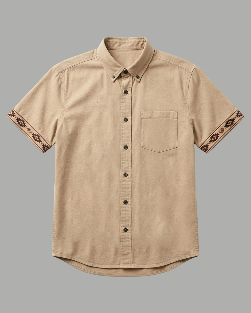 Men's Khaki Regular Fit American Casual Style Ethnic Geometric Embroidered Short Sleeve Button-down Shirt