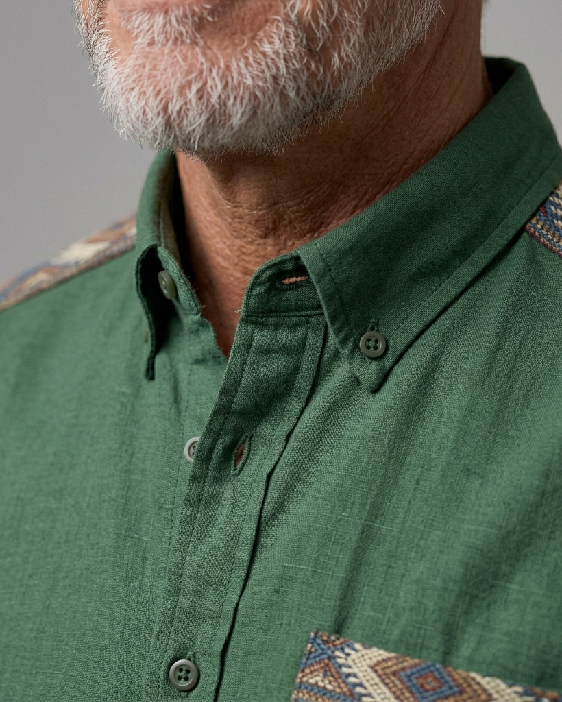 Men's Forest Green Regular Fit Southwest Retro Style Ethnic Geometric Printed Short Sleeve Button-down Shirt