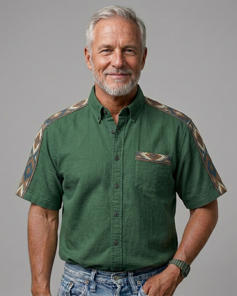 Men's Forest Green Regular Fit Southwest Retro Style Ethnic Geometric Printed Short Sleeve Button-down Shirt