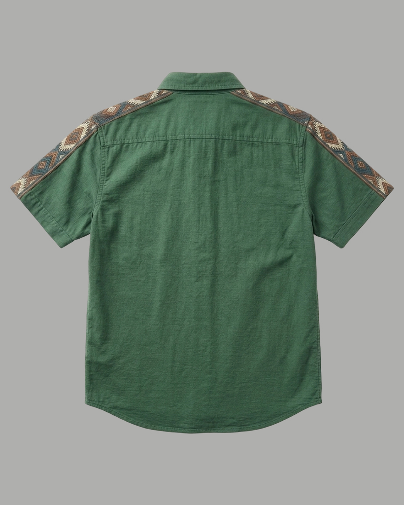 Men's Forest Green Regular Fit Southwest Retro Style Ethnic Geometric Printed Short Sleeve Button-down Shirt