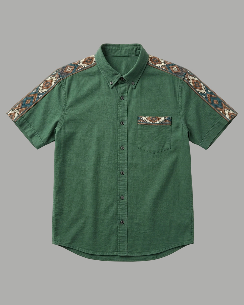 Men's Forest Green Regular Fit Southwest Retro Style Ethnic Geometric Printed Short Sleeve Button-down Shirt