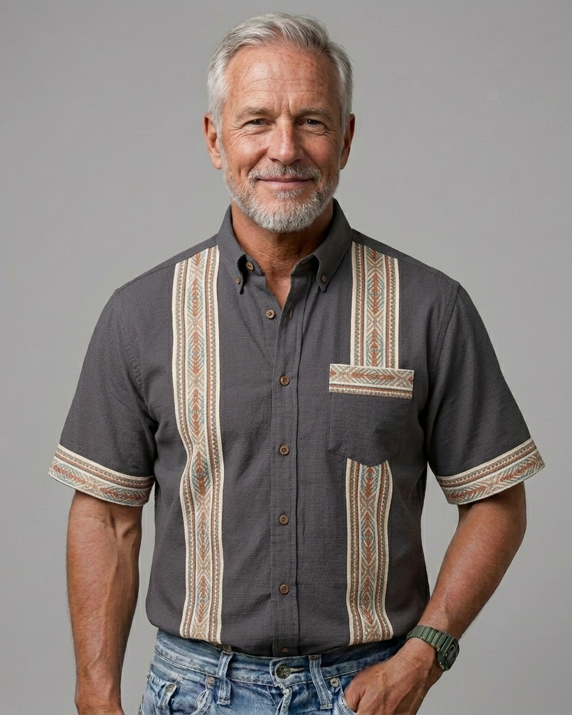 Men's Charcoal Gray Regular Fit Retro Casual Style Ethnic Geometric Striped Short Sleeve Button-down Shirt