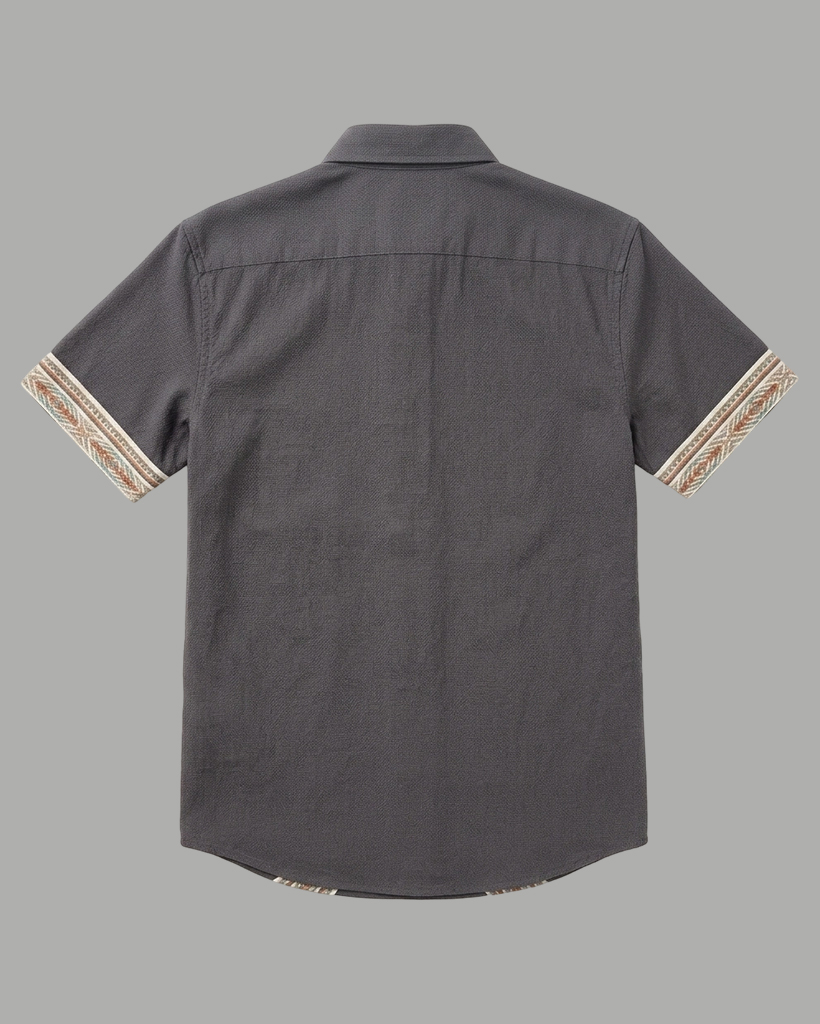 Men's Charcoal Gray Regular Fit Retro Casual Style Ethnic Geometric Striped Short Sleeve Button-down Shirt