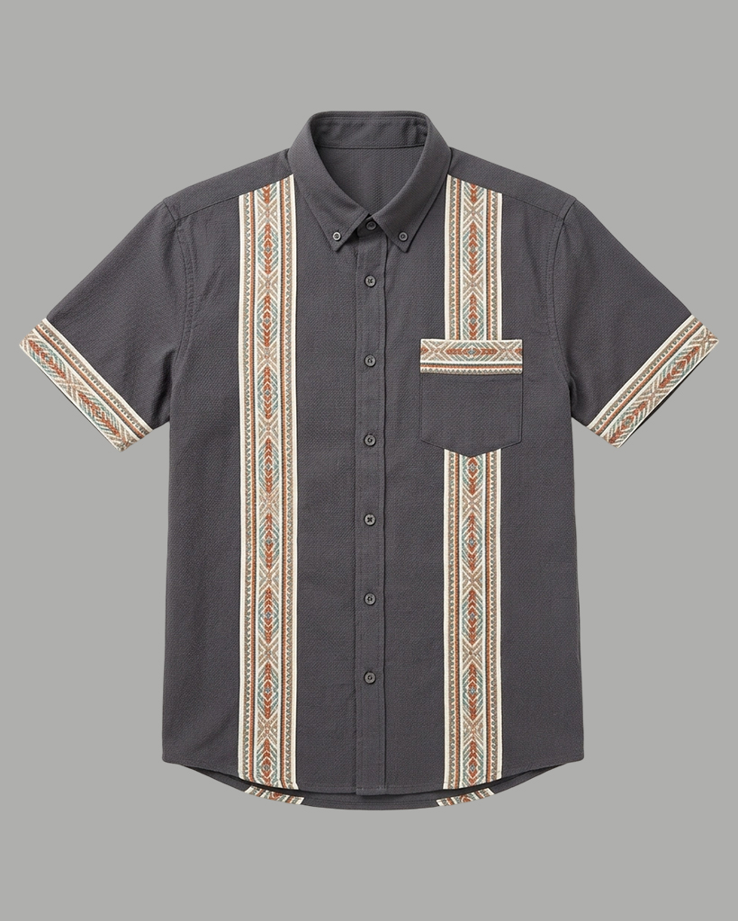 Men's Charcoal Gray Regular Fit Retro Casual Style Ethnic Geometric Striped Short Sleeve Button-down Shirt
