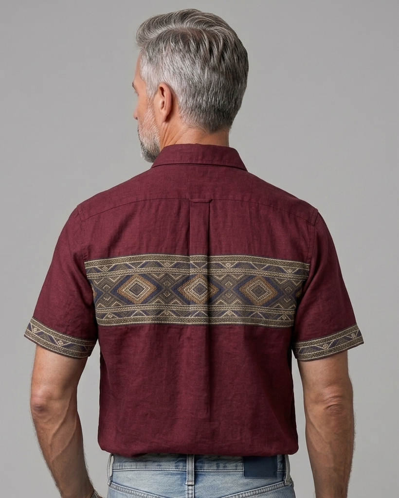 Men's Burgundy Regular Fit Western Retro Style Ethnic Geometric Horizontal Printed Short Sleeve Button-down Shirt