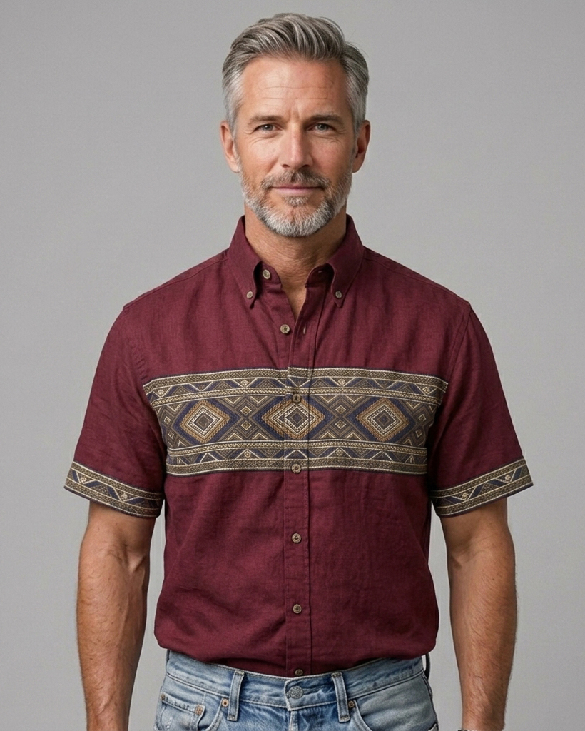 Men's Burgundy Regular Fit Western Retro Style Ethnic Geometric Horizontal Printed Short Sleeve Button-down Shirt