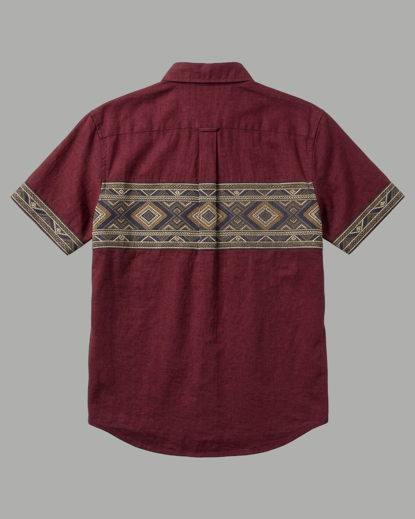 Men's Burgundy Regular Fit Western Retro Style Ethnic Geometric Horizontal Printed Short Sleeve Button-down Shirt