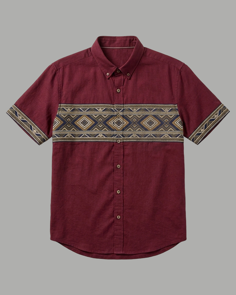 Men's Burgundy Regular Fit Western Retro Style Ethnic Geometric Horizontal Printed Short Sleeve Button-down Shirt