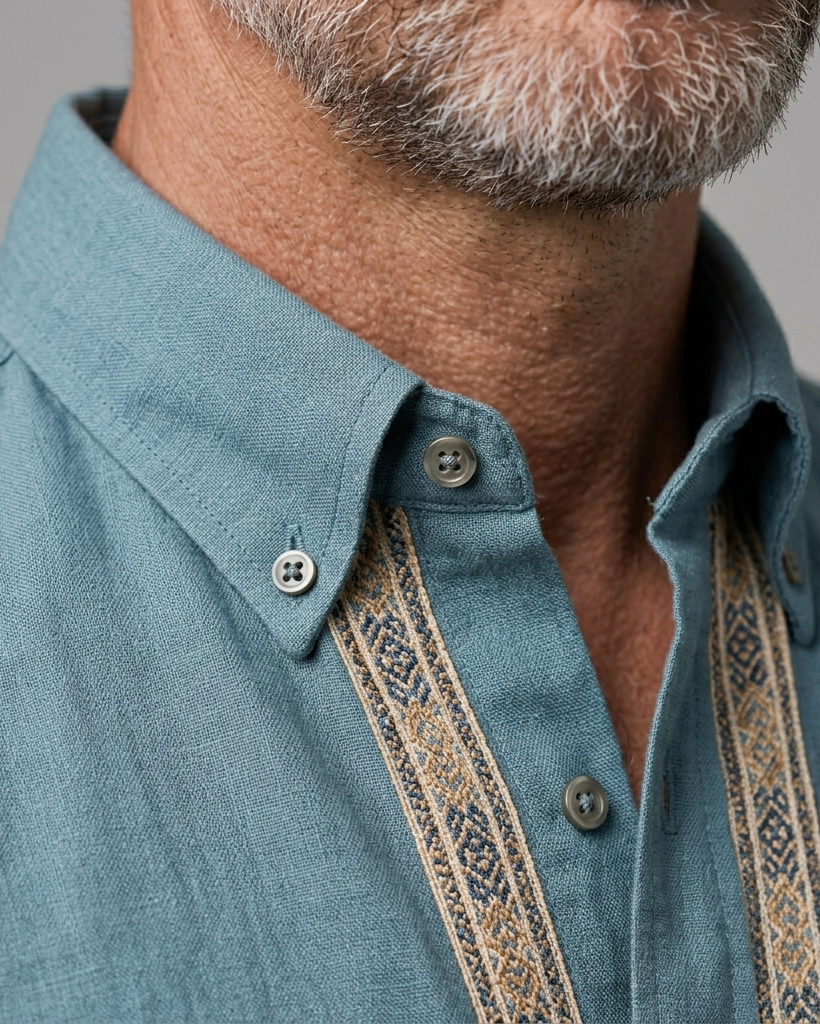 Men's Dusty Blue Regular Fit Casual Linen Style Ethnic Geometric Trimmed Short Sleeve Button-down Shirt