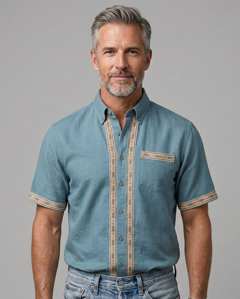 Men's Dusty Blue Regular Fit Casual Linen Style Ethnic Geometric Trimmed Short Sleeve Button-down Shirt