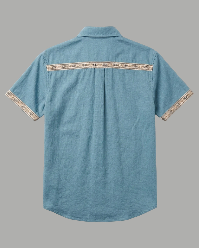 Men's Dusty Blue Regular Fit Casual Linen Style Ethnic Geometric Trimmed Short Sleeve Button-down Shirt