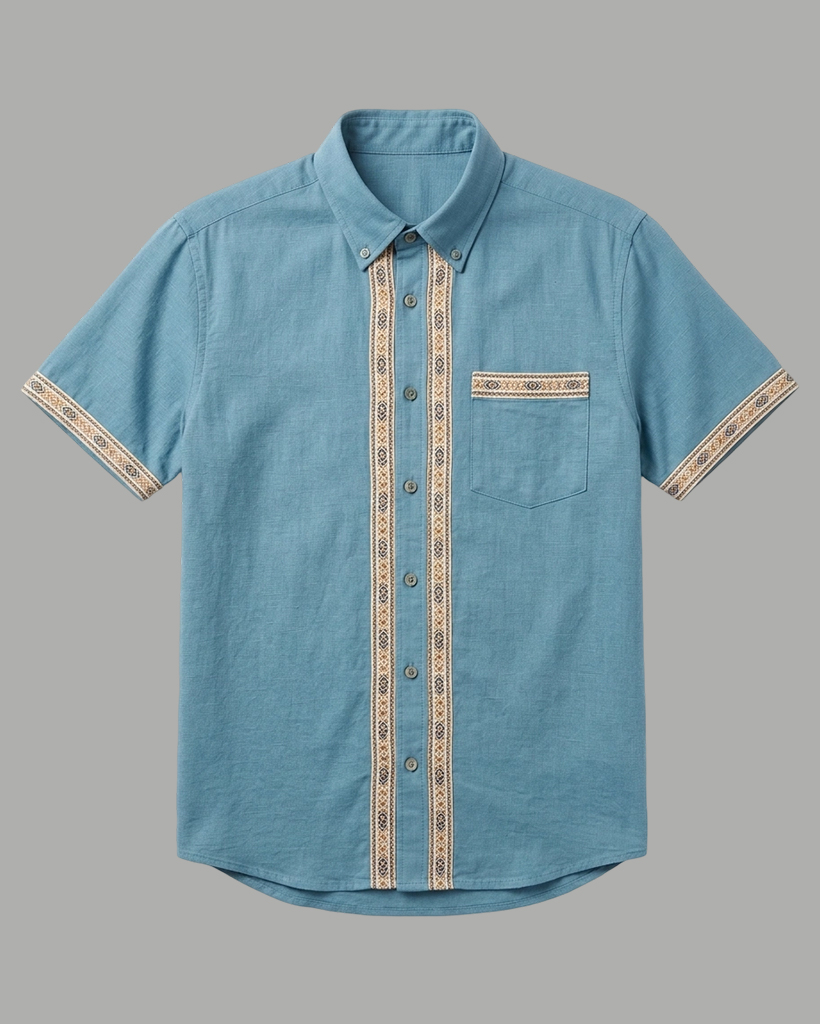 Men's Dusty Blue Regular Fit Casual Linen Style Ethnic Geometric Trimmed Short Sleeve Button-down Shirt