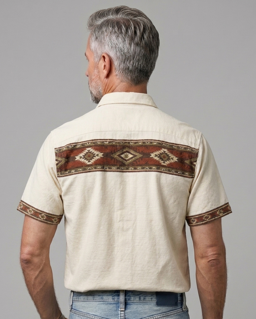Men's Beige Regular Fit Western Retro Ethnic Geometric Yoke Printed Short Sleeve Button-down Shirt