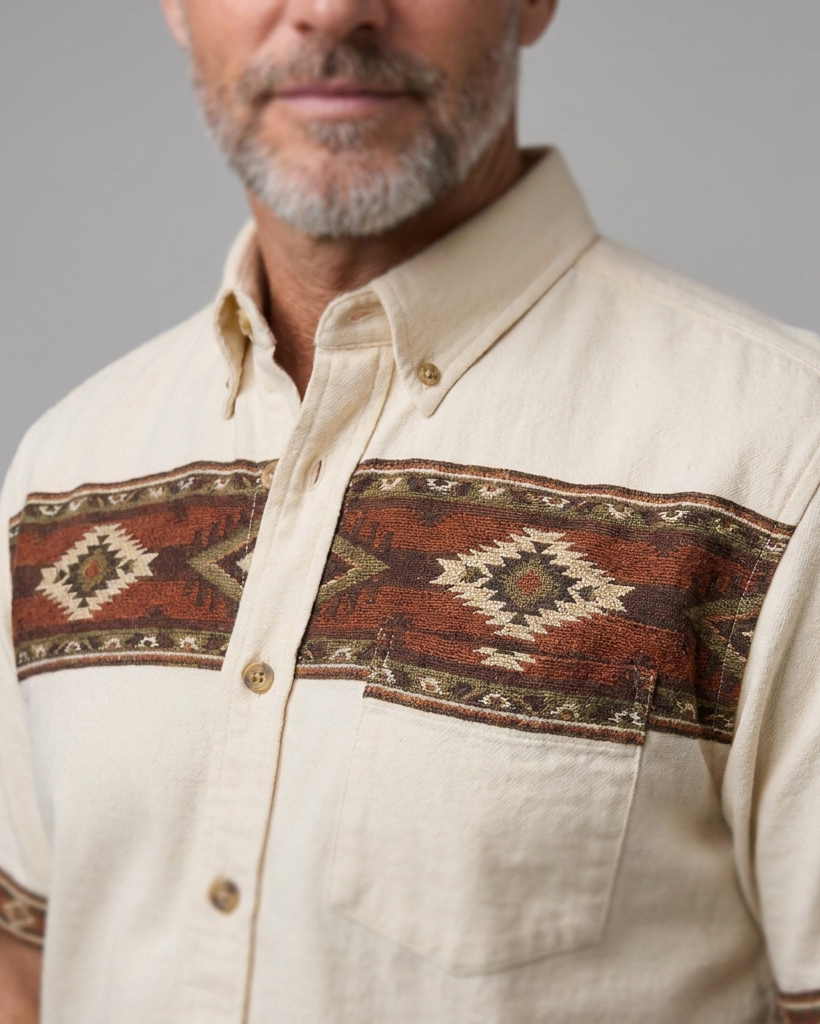 Men's Beige Regular Fit Western Retro Ethnic Geometric Yoke Printed Short Sleeve Button-down Shirt