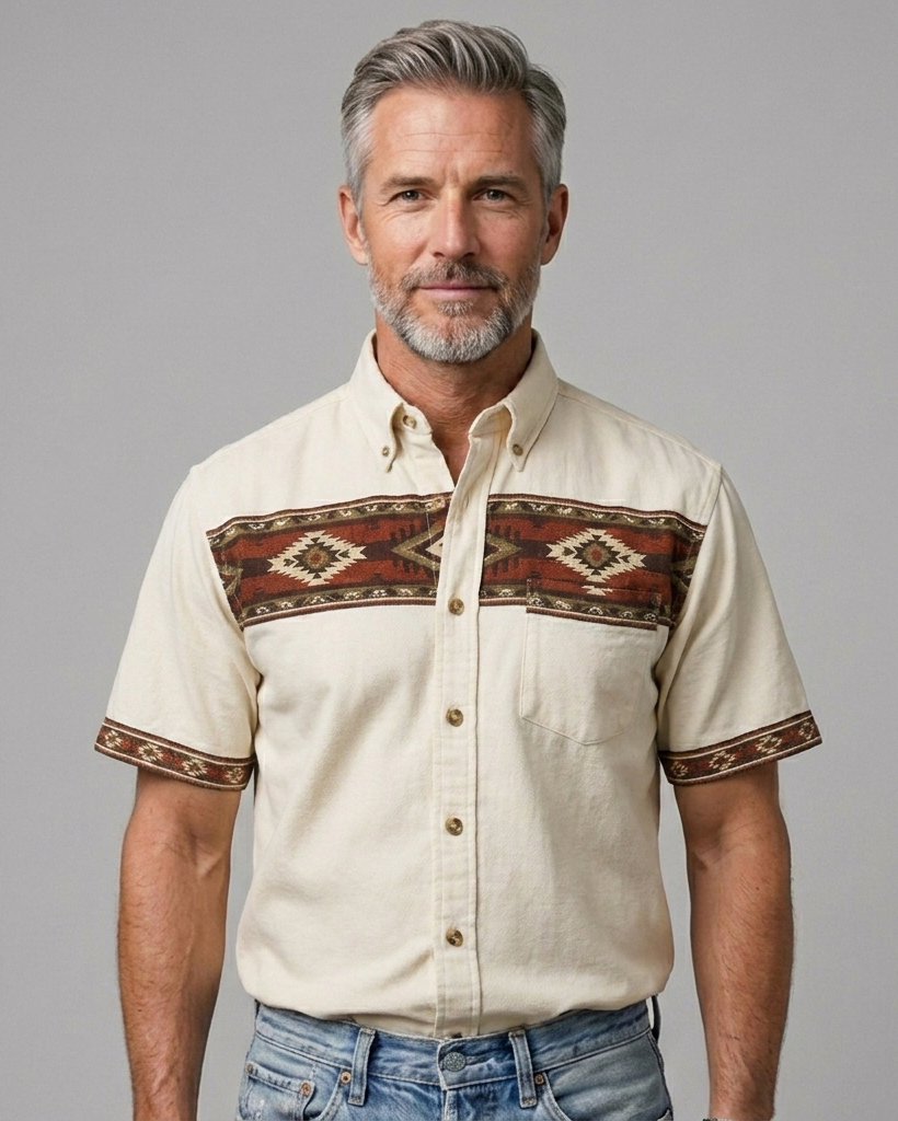 Men's Beige Regular Fit Western Retro Ethnic Geometric Yoke Printed Short Sleeve Button-down Shirt