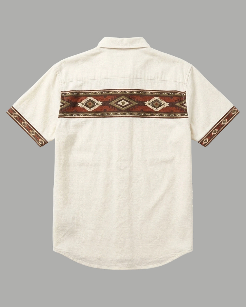 Men's Beige Regular Fit Western Retro Ethnic Geometric Yoke Printed Short Sleeve Button-down Shirt