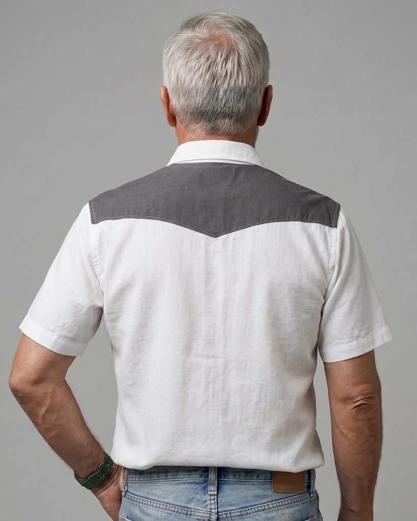 Men's White Regular Fit Western Retro Color Block Patchwork Short Sleeve Button-down Shirt